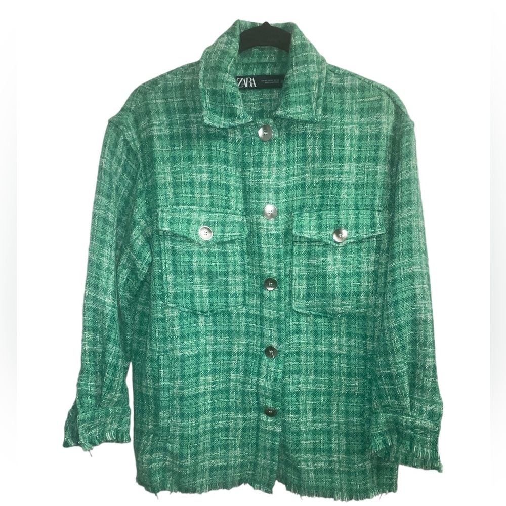 Zara Tweed Kelly Green Shacket Silver Buttons Women’s OverSized XS